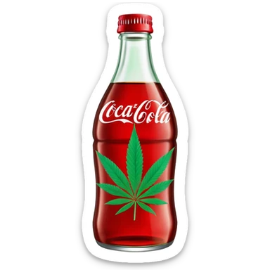 Curved red glass bottle similar to Coca-Cola style with a green cannabis leaf printed on it and a label sticker