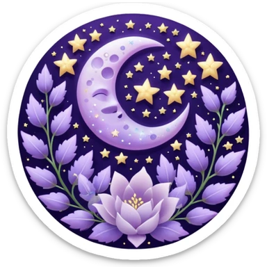 Beautiful poetic ethereal romantic aesthetic sparkly glittery shiny pretty floating pastel lilac lavender Violet moon and flowers and leaves and sparkles and stars aesthetic deco sticker