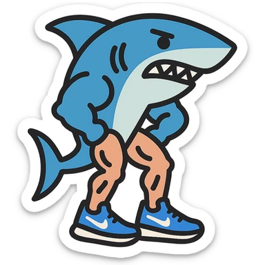 cartoon shark with muscular legs wearing blue Nike shoes colorful outlined icon style vibrant colors sticker