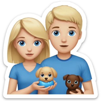 Blonde girl blue eyes and brunette boy blue eyesholding a pet poo sticker