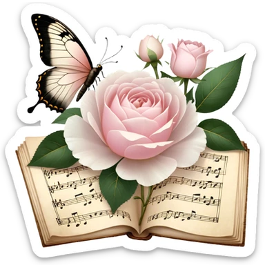 A charming antique music sheet, adorned with golden ink flourishes and pressed blush pink rose petals, resting beside a bouquet of fresh white peonies, while a pearl butterfly’s wings gently touch the delicate paper.
 sticker