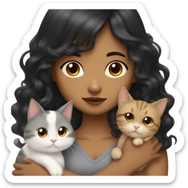 TAN SKIN GIRL with long black wavy hair and bangs HUGGING HER LIGHT BROWN, GRAY, and WHITE CAT  sticker