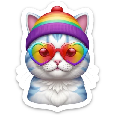 cat wearing a rainbow beanie and heart-shaped sunglasses sticker