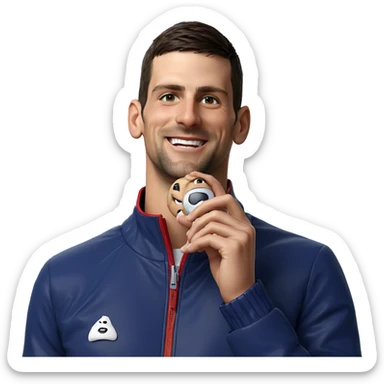 smiling boy with jacket sticker