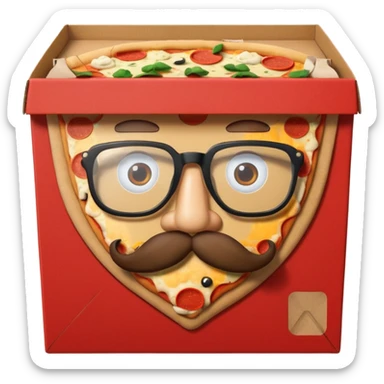 pizza take-out box with glassess and mustache sticker