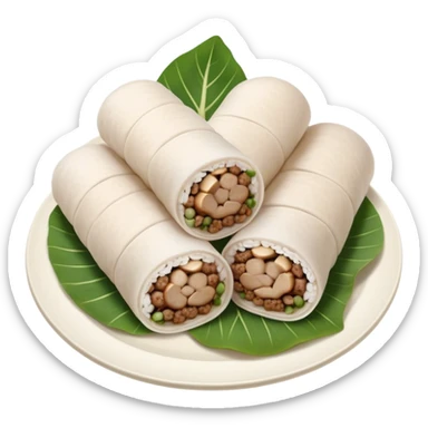 Cinematic Realistic B√°nh cu·ªën Dish Emoji, featuring steamed rice rolls filled with savory minced pork and mushrooms rendered with soft textures and inviting, warm lighting. sticker