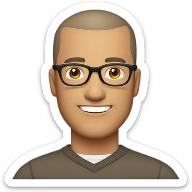 Middle age man with buzz cut hair, thick frame glasses, with broad smile, wearing a v-neck sweater sticker