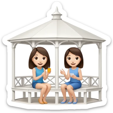 Two small brunette women sitting inside a large white gazebo sticker
