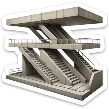 Cutaway view showing underground structure. Concrete walls, rectangular station box, visible staircases going down, platform edges, smooth geometry. No people, no text. Apple-style design sticker