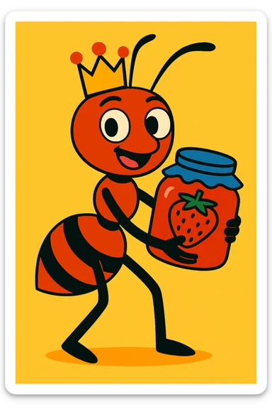 cool ant wearing a crown, holding a jar of strawberry jam, vibrant and expressive sticker