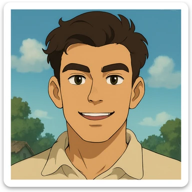 portrait of a young man, early twenties, square face, pronounced jaw, high cheekbones, broad forehead, thick dark arched brows, hazel almond eyes, prominent eyelids, wide nose bridge, upturned tip, full lips, thinner upper lip, wheat skin, dark brown voluminous wavy hair combed right to left, normal close-set ears, sincere happy expression, ghibli style sticker