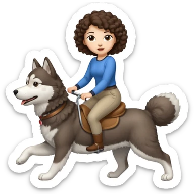 cute woman short tight curly brown hair riding big husky dog sticker
