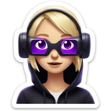 Russian cute blond girl wearing black hoody with violet letters "OMG", in vr headset. Cyberpunk style. Violet neon. sticker