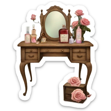 Old wood vanity with dead roses vintage makeup and perfume  sticker