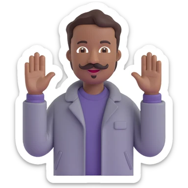 Black man with a mustache waving, wearing a grey jacket, 3D emoji style sticker