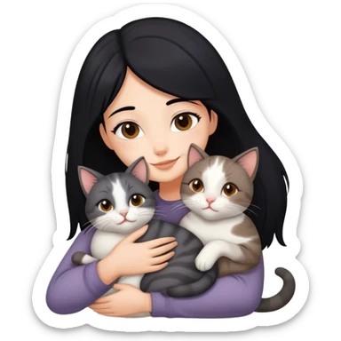 happy girl with black hair hugging three cats  (carey cat, gray cat, brown calico cat) sticker