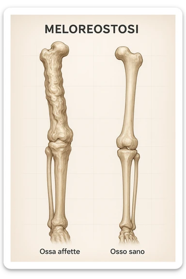 A highly realistic medical illustration focusing on a human arm and leg bones affected by melorheostosis. The bones appear visibly thickened, irregular, and larger than normal, with clear, layered bone growth resembling melted wax dripping down the side of the bones. The image shows a side-by-side comparison with a healthy bone for clarity, highlighting the difference in size and texture. The color palette includes neutral bone colors with subtle shading to show the abnormal contours and ridges. The background is clean and minimalistic, with faint anatomical grid lines for a scientific, educational feel. The overall mood is informative and precise, conveying the key visual characteristic of melorheostosis: progressive bone thickening that makes bones visibly larger and irregular. in italiano sticker