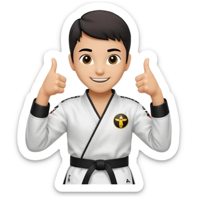 Perfecto pero el uniforme debe ser de taekwondo de ATA cinturón negro con un logo de mambo negra y realizando este gesto sonriendo 👍🏼 sticker
