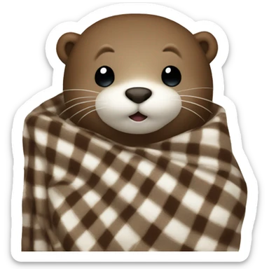 Otter in a plaid brown and white fuzzy blanket sticker