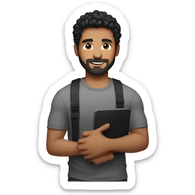 men holding his computer in hands. light brown skin men with curly black hair, dark brown eyes, little grown beard. little bit muscular. dressed casual. round face. sticker