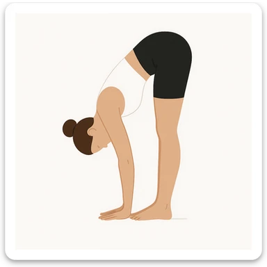 "Minimalist flat vector illustration of a woman doing yoga in forward fold pose (Uttanasana), wearing sportswear (white top and black shorts), brown hair in a bun, clean white background, no face details, elegant style" sticker
