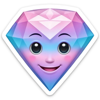 A cheerful diamond logo with a black outline and a smiling face, set against a pastel gradient of pink, blue, and lavender. Smaller diamonds surround it, forming a larger diamond pattern. Playful yet sleek, perfect for branding, digital media, or a fun, eye-catching emblem. sticker