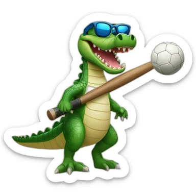 Crocodile with sunglasses leaning on a baseball bat and a soccer ball at his feet sticker