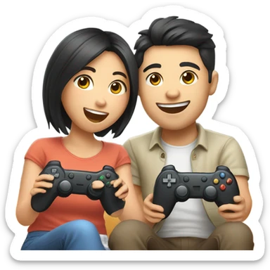 Cute asian couple excitedly playing video games sticker
