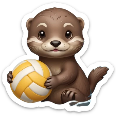 super cute baby otter with gentle expression and soft rounded eyebrows, floating on clearly visible blue water with waves, tiny baby otter with big sweet eyes holding a volleyball with both small paws above water sticker