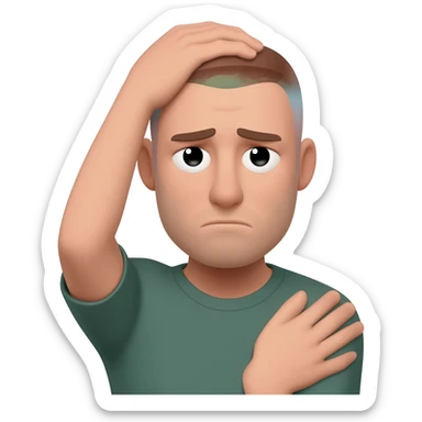 A man who is depressed with his left arm draped over the top of his head so the inside of his left elbow is on the very top of his head where hair grows from and his left hand is touching his right shoulder sticker