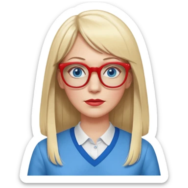 45 yr old white woman, pale skin, long straight blond hair parted in center, blue eyes, bangs, clothes for school, big red glasses sticker