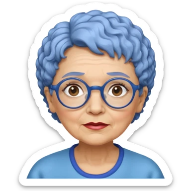 old laydy with short, curly blue hair, matching blue eyebrows, light brown skin, round black glasses, and a neutral facial expression. sticker