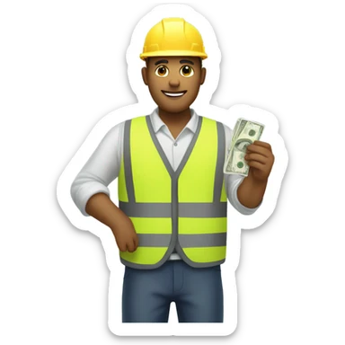 A construction worker wearing a vest giving money to another man in a suit.  The man on the left should have white skin and no hat.  sticker