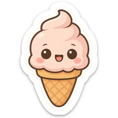 chibi sticker-style ice cream cone with a smiling face, cute and exaggerated sticker