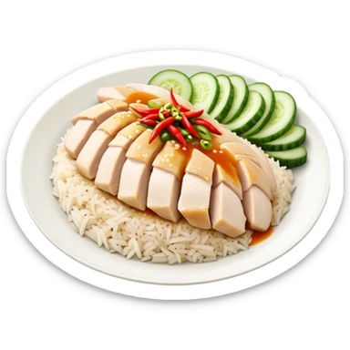 Singapore Hainanese chicken rice with sliced chicken, fragrant rice, cucumber and chili sauce sticker