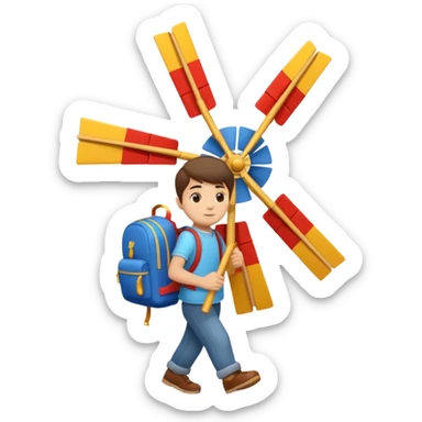 Boy carrying toy windmill backpack sticker