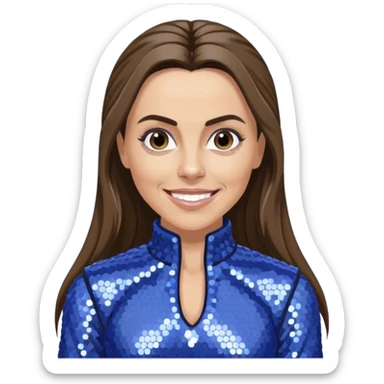 Mel C from Spice Girls with long dark brown ponytail hair, perwinkle sequin outfit, light skin sticker