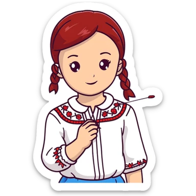 A young Ukrainian girl in a white embroidered shirt holds a red thread and a needle in her hand sticker
