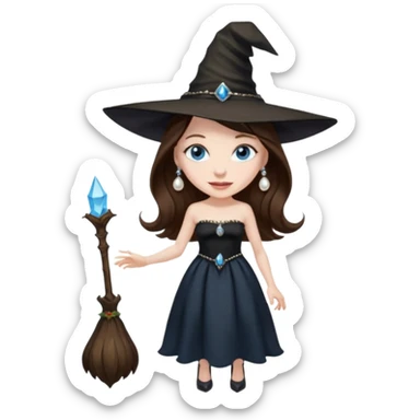 woman brunette, very large breasts, pale skin, blue eyes, long brown hair, black strapless dress, witch hat, pearl earrings, smirking, in black heels, standing, head to toe, full body, zoomed out, entire outfit visible sticker