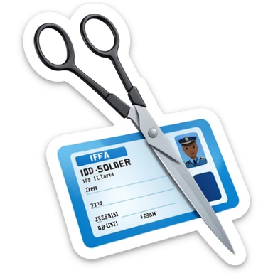 Floating black Scissors cutting an idf soldier ID card in 2 parts .hyper realistic sticker