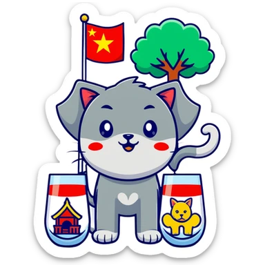 cat, dog, wolf, Vietnam flag, tree, elephant, and a glass all together in cartoonish sticker style sticker