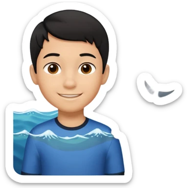 An Emoji of boy age in 10 with short black hair, who can be described by three words: perfectionist, air, ocean sticker