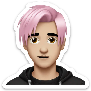 Create an emoji of an emo guy with split-dyed hair (one side pastel pink, the other side black), wearing black clothes and a subtle sad expression, inspired by the style of Lil Peep. sticker