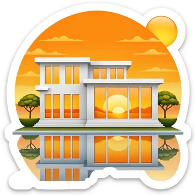 modern villa with windows reflecting a yellow and orange sunset sticker