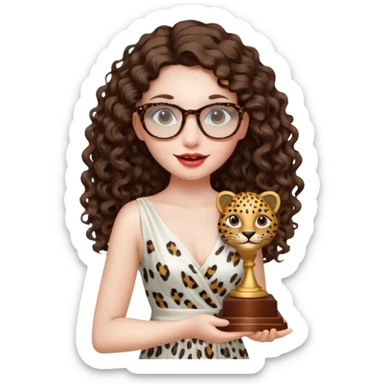 A girl with white pale skin,  full lips, brunette LONG curly hair. She is wearing a white  silk dress. She is holding an award and happy. She has a leopard print round-ish shaped glasses.  sticker