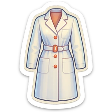 female medical coat with belt full length, no girl, front view, retro stickers style, soft rounded shapes, clean contours, pastel palette, detailed shadows and highlights, modern illustration, transparent background sticker