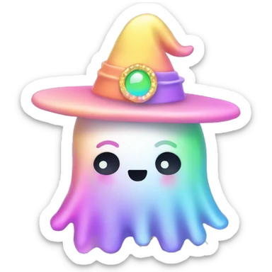 Kawaii rainbow pastel bedazzled ghost wearing witch hat sticker