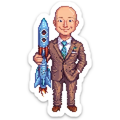 Jeff Bezos as a pixel art character, business suit, smiling, bald, holding a rocket sticker
