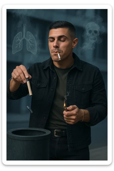 Adult man in casual clothes, inspired by the face in the reference photo, throwing an electronic cigarette into a trash bin while lighting a traditional cigarette with the other hand. Satisfied but unaware expression. In the background, light symbols of smoke and health damage manifesting from both cigarettes. Urban atmosphere, cold light, critical or reflective tone. Realistic style with symbolic accents. sticker
