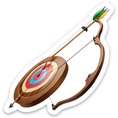 A professional recurve bow with an arrow nocked, ready to be released. The target features concentric rings, placed at a distance. The emphasis is on the bow, arrow, and target, highlighting the precision, focus, and skill involved in competitive archery. sticker